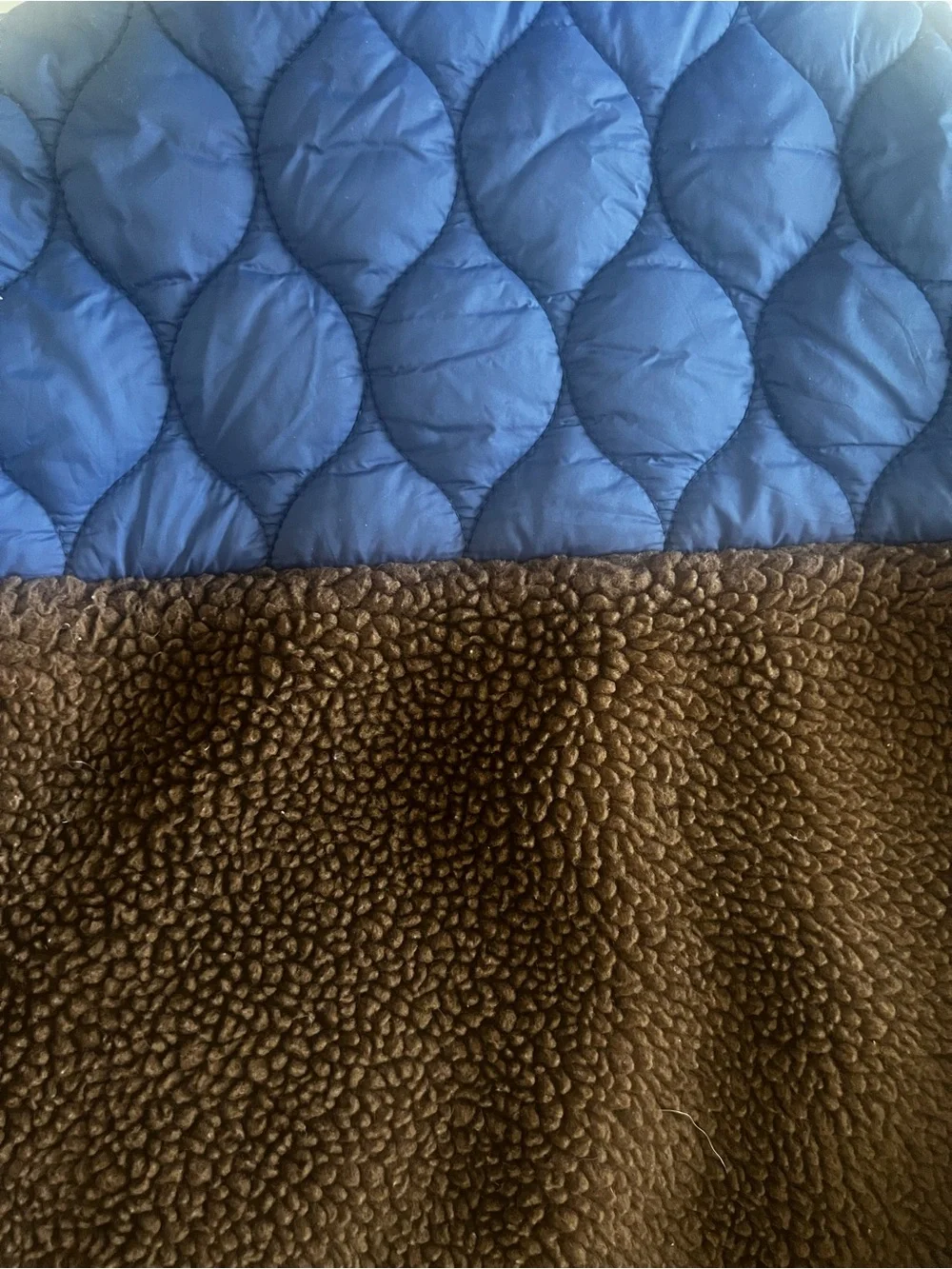 Mini Boden Blue Quilted Hooded Jacket with Brown Sherpa Panels and Red Accents